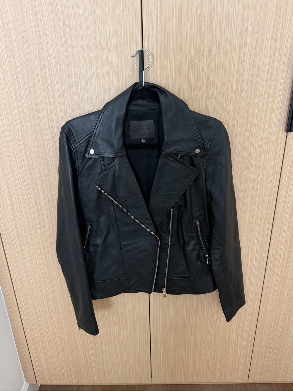 Massimo Dutti Black Leather Asymmetric Moto Jacket